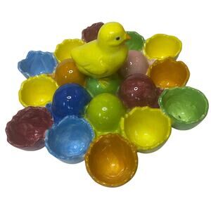 Vintage Colorful Ceramic Egg Plate Spring 12 Egg Dish With Chick Easter Dish